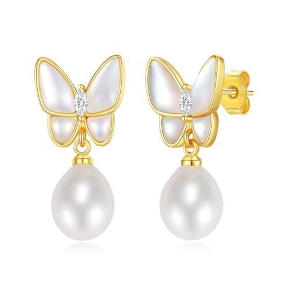 YAMI Women's Butterfly Earrings Hanging Baroque Pearls 925 Sterling Silver Stud